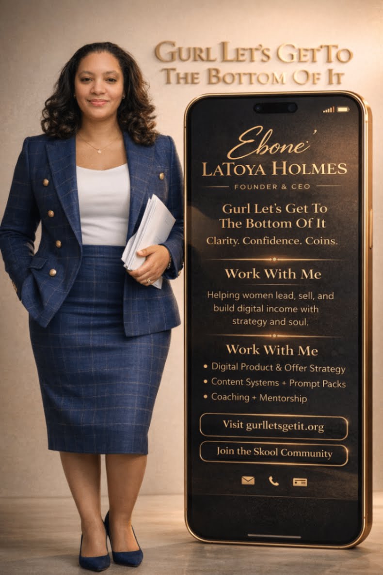 Ebone LaToya Holmes beside the Gurl Let's Get To The Bottom Of It brand card